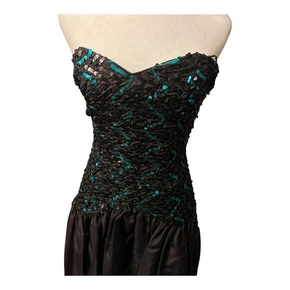 Vintage Gunne Sax Prom Dress Black Strapless Sequin Size 4 Bow High Low Gown - Picture 3 of 12